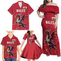 Custom Wales Rugby Family Matching Off Shoulder Maxi Dress and Hawaiian Shirt Welsh Dragon Mascot Red Version - Wonder Print Shop
