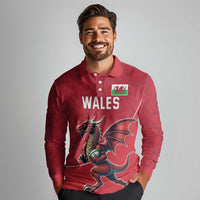 Custom Wales Rugby Long Sleeve Polo Shirt Welsh Dragon Mascot Red Version - Wonder Print Shop