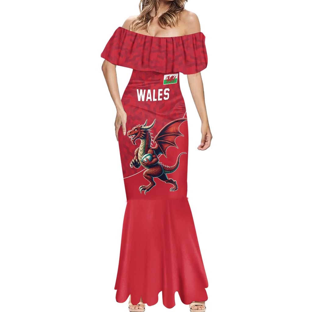 Custom Wales Rugby Mermaid Dress Welsh Dragon Mascot Red Version - Wonder Print Shop