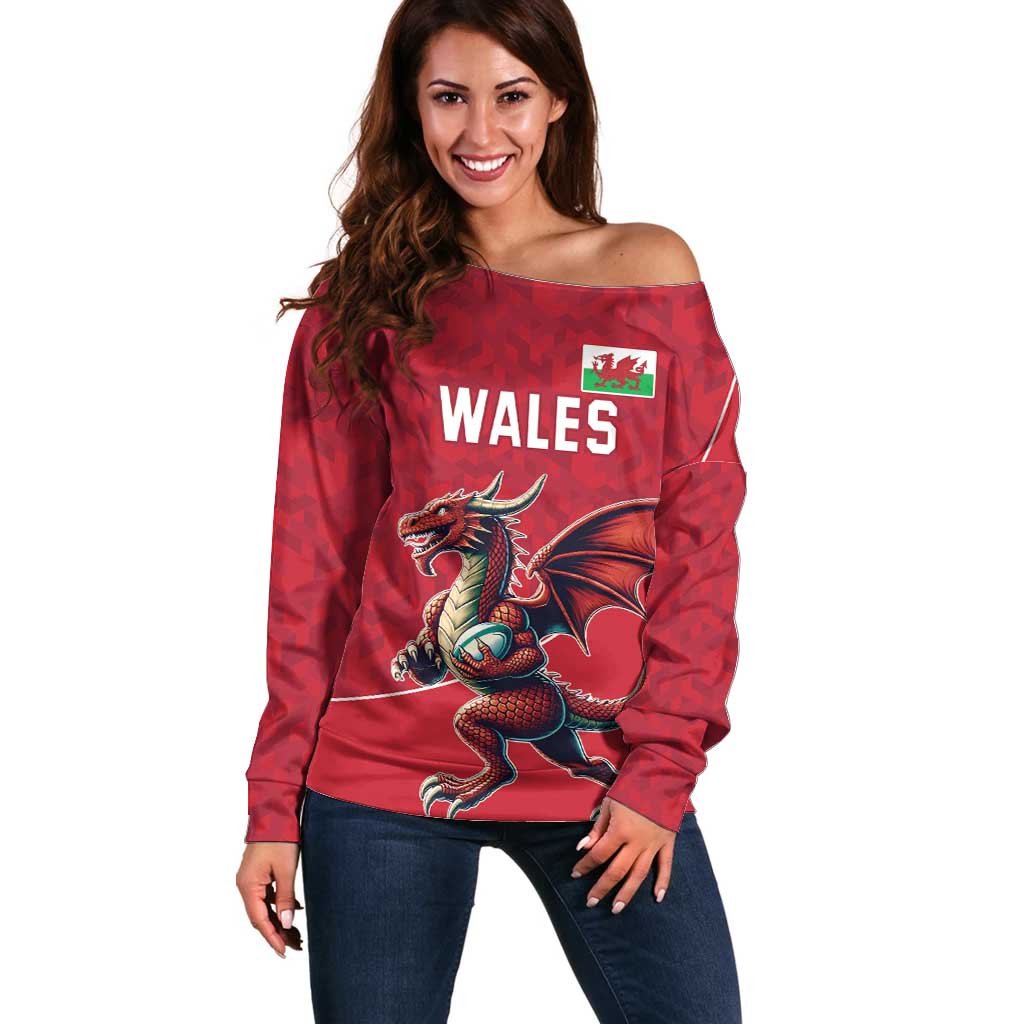 Custom Wales Rugby Off Shoulder Sweater Welsh Dragon Mascot Red Version - Wonder Print Shop