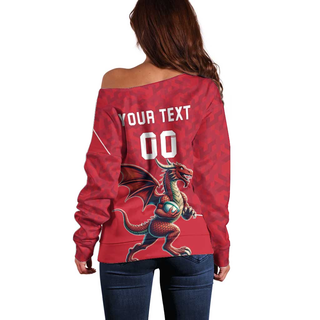 Custom Wales Rugby Off Shoulder Sweater Welsh Dragon Mascot Red Version - Wonder Print Shop