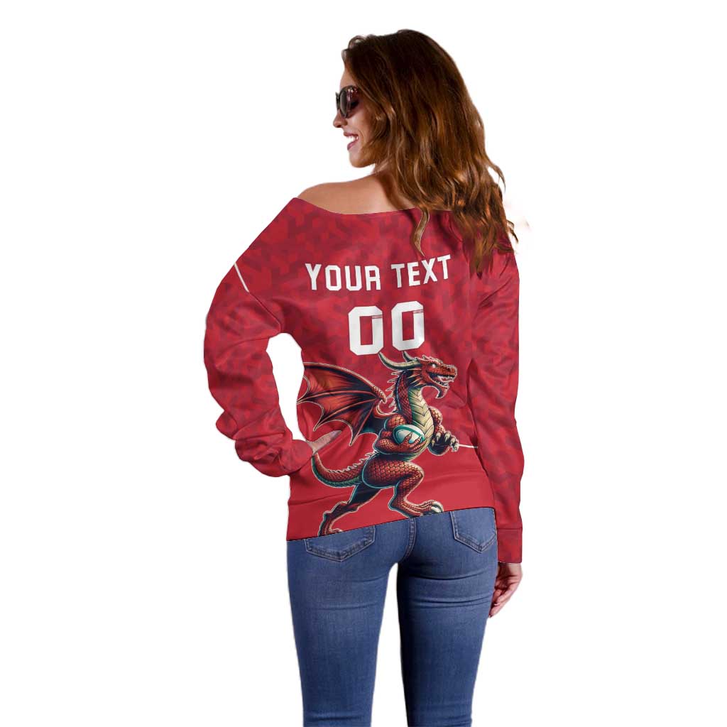 Custom Wales Rugby Off Shoulder Sweater Welsh Dragon Mascot Red Version - Wonder Print Shop