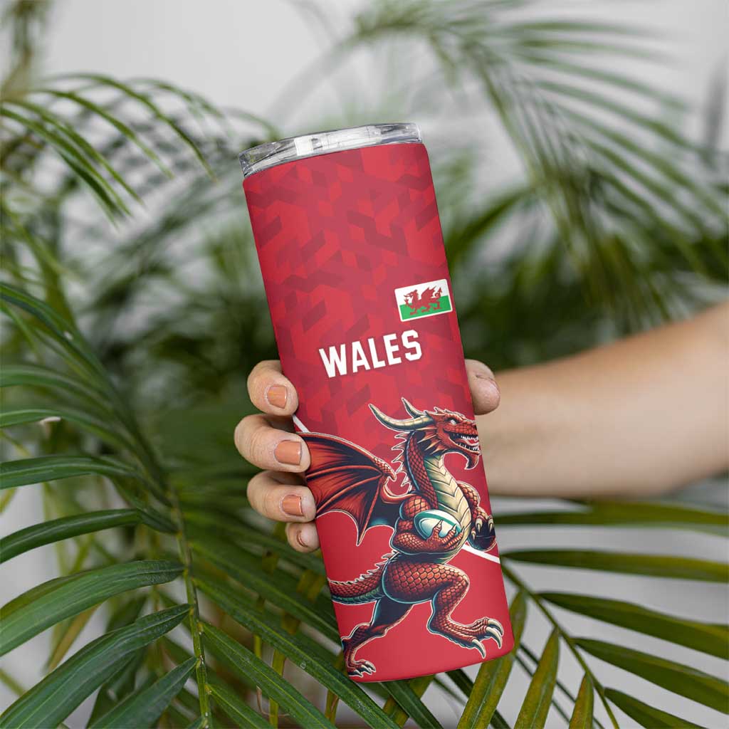 Custom Wales Rugby Skinny Tumbler Welsh Dragon Mascot Red Version - Wonder Print Shop