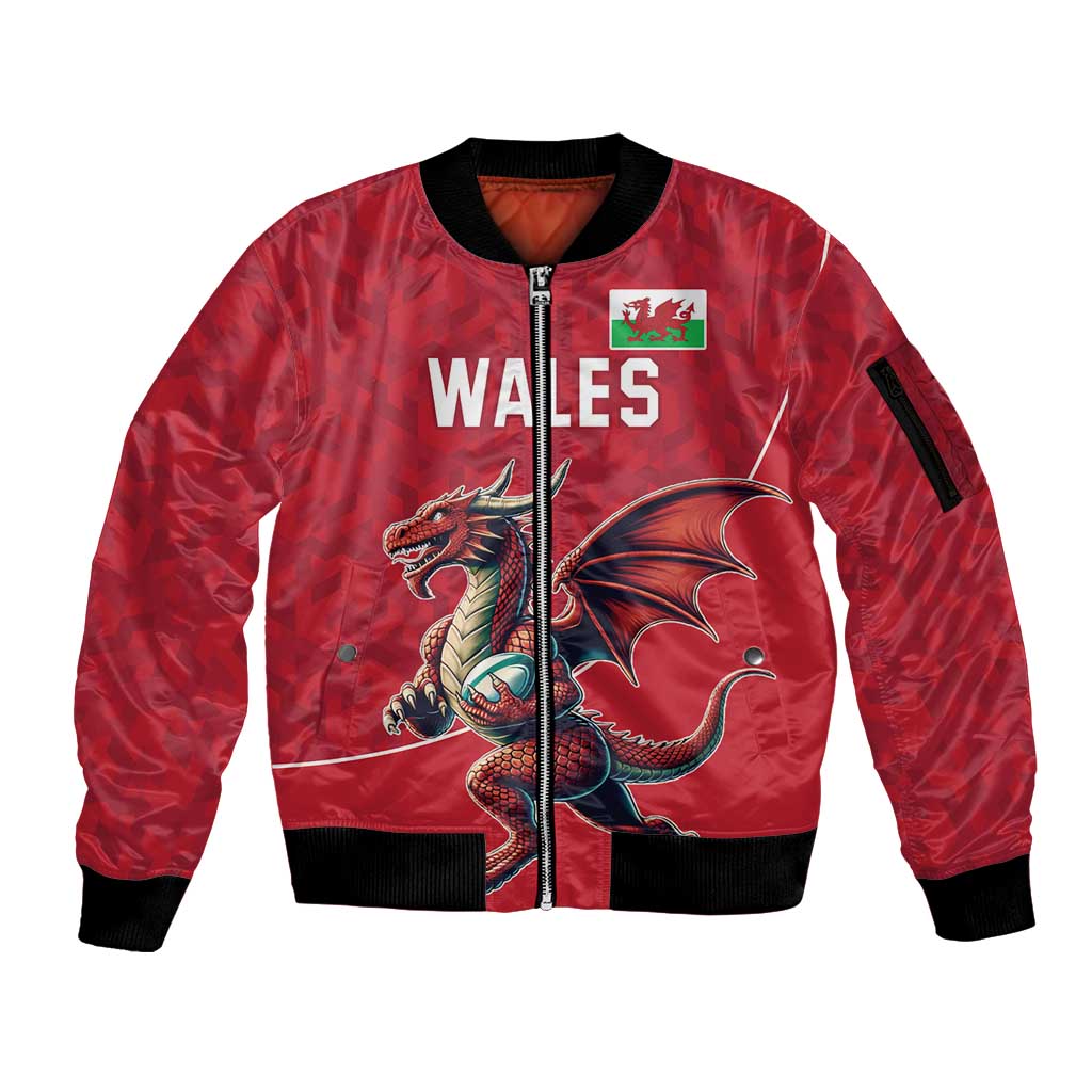 Custom Wales Rugby Sleeve Zip Bomber Jacket Welsh Dragon Mascot Red Version - Wonder Print Shop