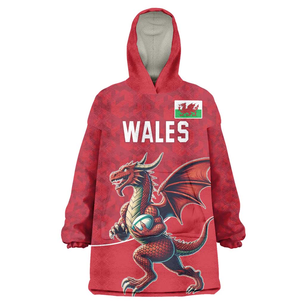 Custom Wales Rugby Wearable Blanket Hoodie Welsh Dragon Mascot Red Version - Wonder Print Shop