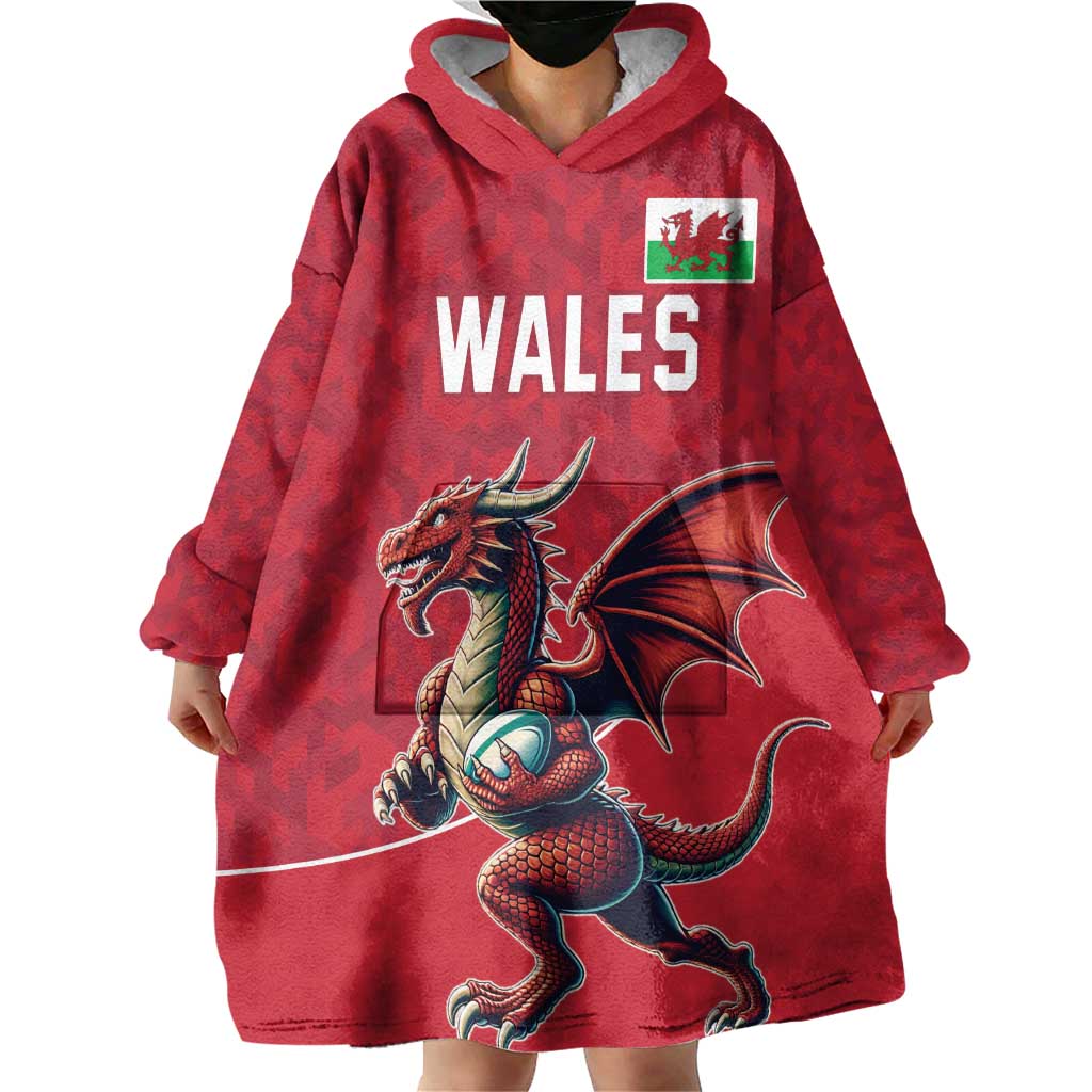 Custom Wales Rugby Wearable Blanket Hoodie Welsh Dragon Mascot Red Version - Wonder Print Shop