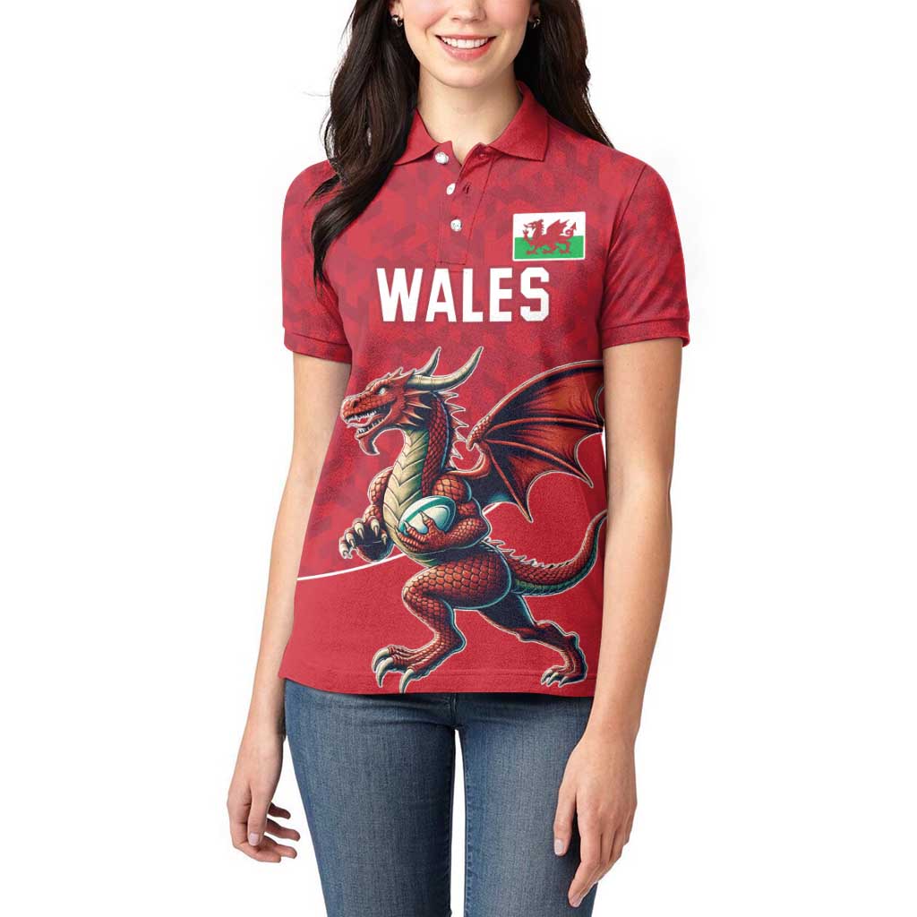 Custom Wales Rugby Women Polo Shirt Welsh Dragon Mascot Red Version - Wonder Print Shop