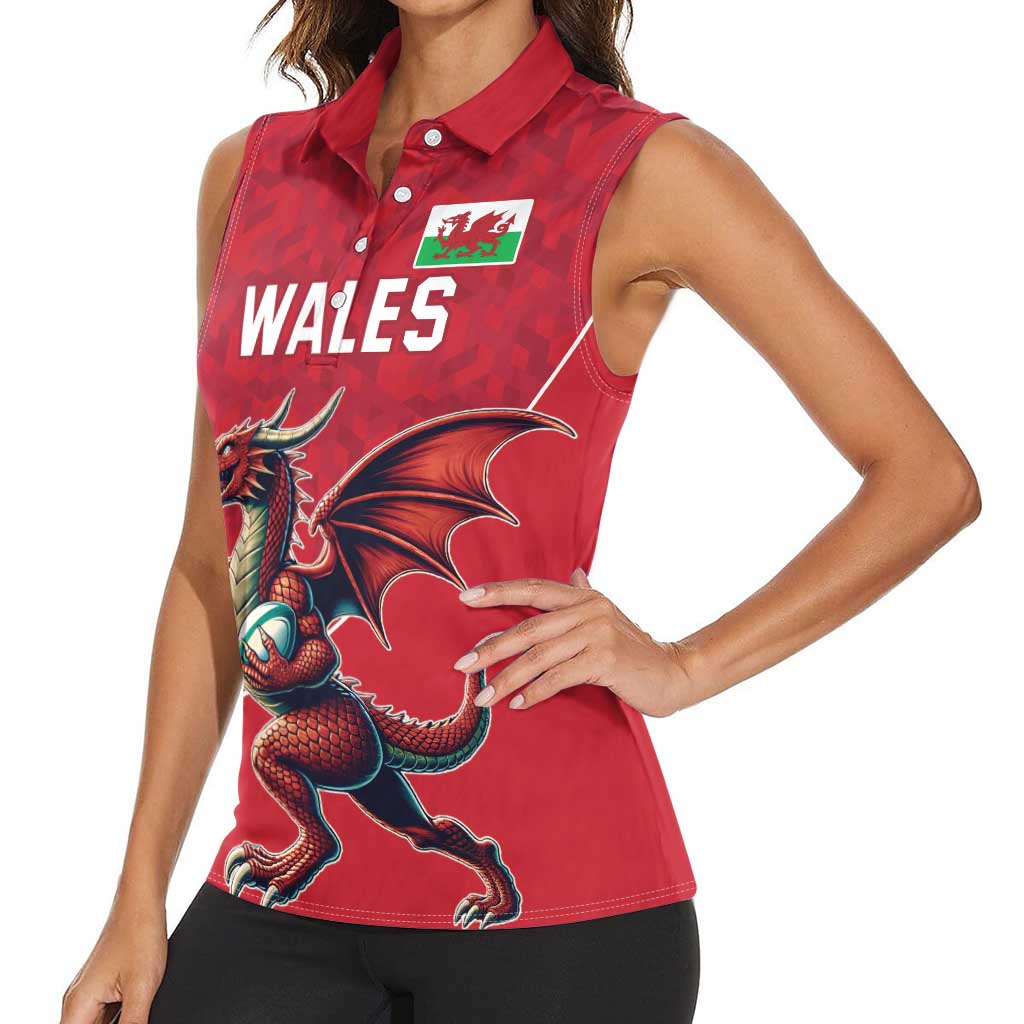 Custom Wales Rugby Women Sleeveless Polo Shirt Welsh Dragon Mascot Red Version - Wonder Print Shop