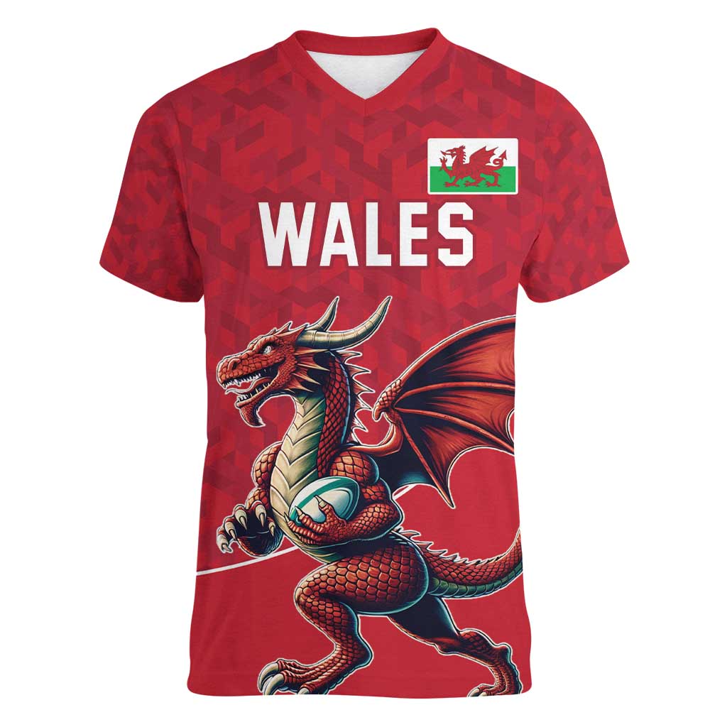 Custom Wales Rugby Women V-Neck T-Shirt Welsh Dragon Mascot Red Version - Wonder Print Shop