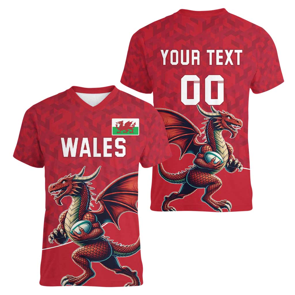 Custom Wales Rugby Women V-Neck T-Shirt Welsh Dragon Mascot Red Version - Wonder Print Shop