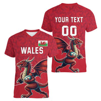 Custom Wales Rugby Women V-Neck T-Shirt Welsh Dragon Mascot Red Version - Wonder Print Shop