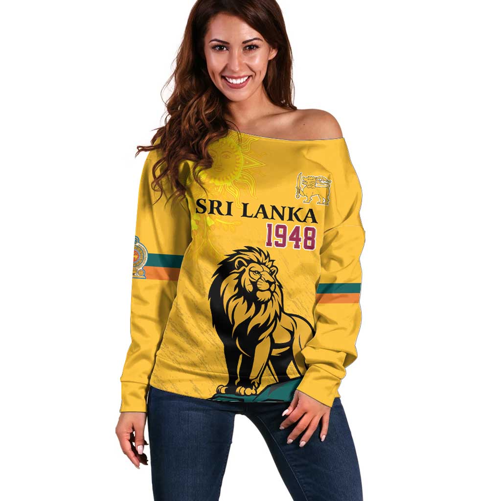 Personalized Sri Lanka Independence Day 1948 Off Shoulder Sweater Lion With Traditional Sun Face - Wonder Print Shop