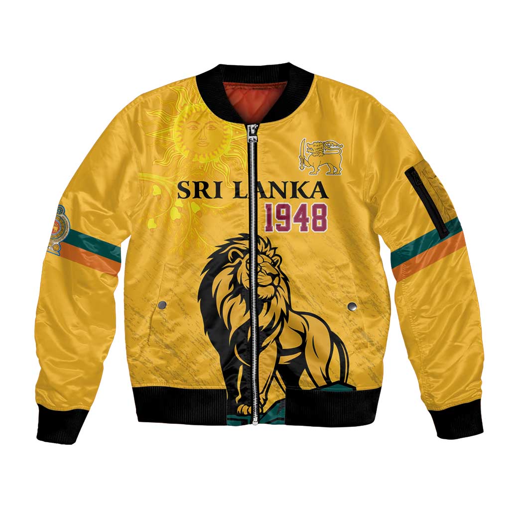 Personalized Sri Lanka Independence Day 1948 Sleeve Zip Bomber Jacket Lion With Traditional Sun Face - Wonder Print Shop