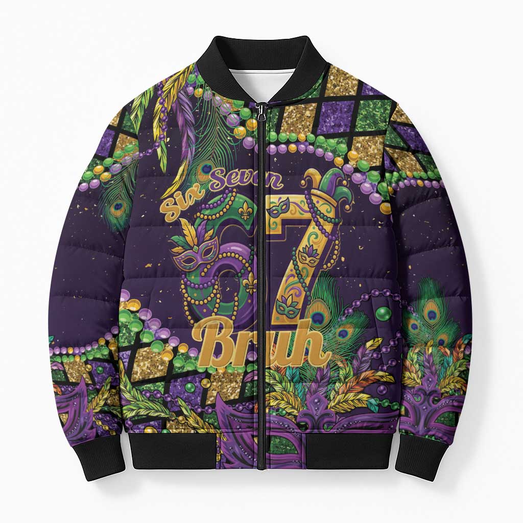 Six Seven Mardi Gras Bomber Puffer Jacket 67 Carnival Mask Beads - Wonder Print Shop