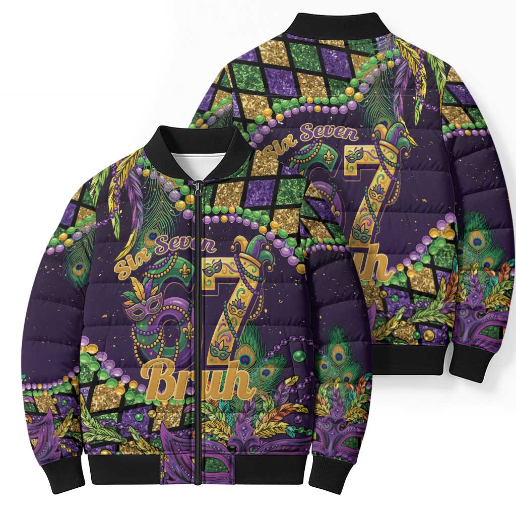 Six Seven Mardi Gras Bomber Puffer Jacket 67 Carnival Mask Beads - Wonder Print Shop