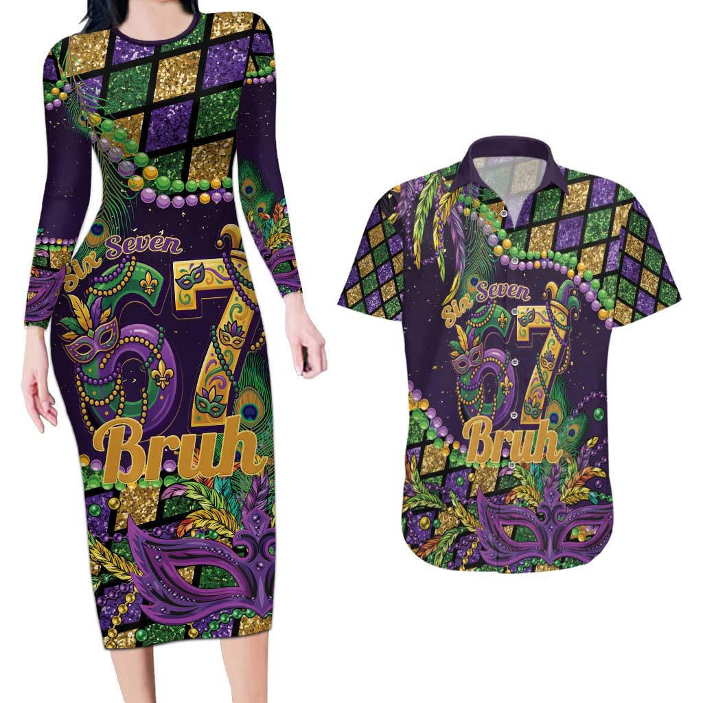 Six Seven Mardi Gras Couples Matching Long Sleeve Bodycon Dress and Hawaiian Shirt 67 Carnival Mask Beads - Wonder Print Shop