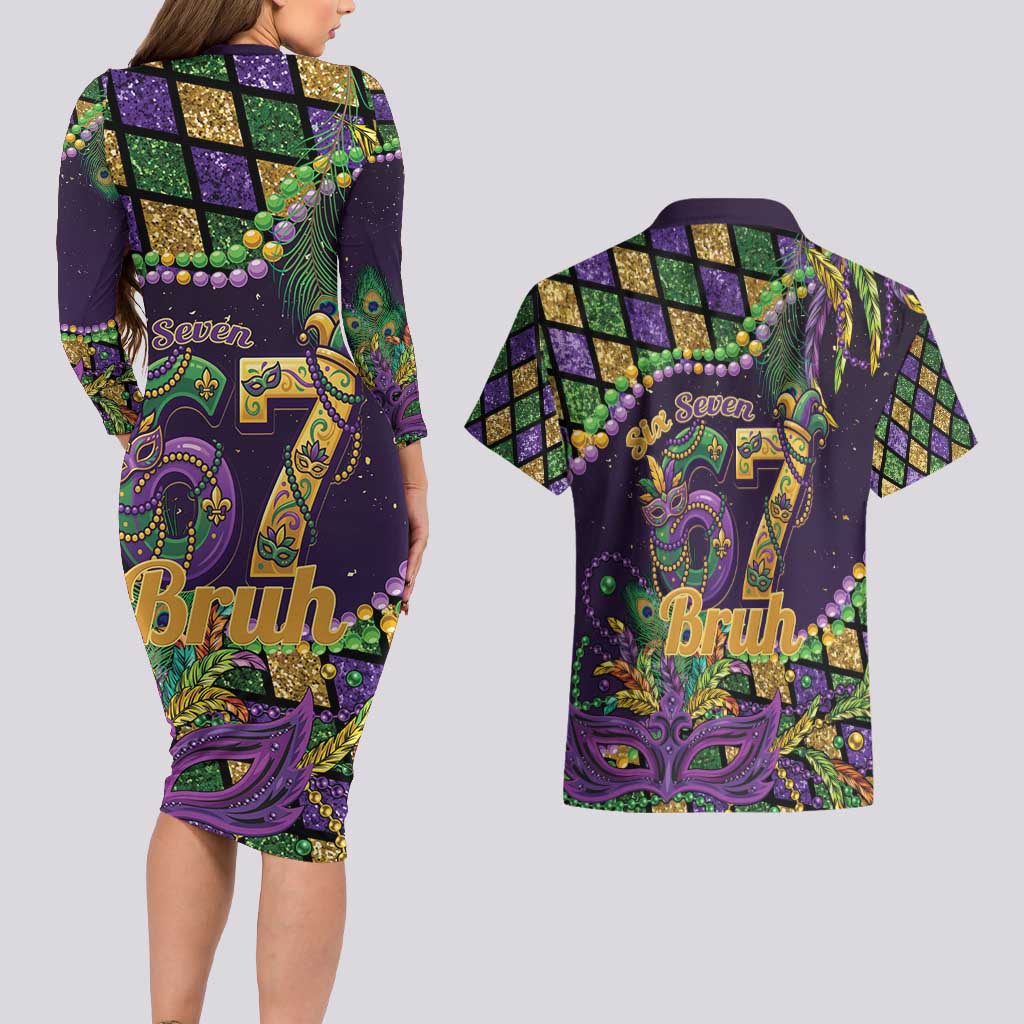 Six Seven Mardi Gras Couples Matching Long Sleeve Bodycon Dress and Hawaiian Shirt 67 Carnival Mask Beads - Wonder Print Shop