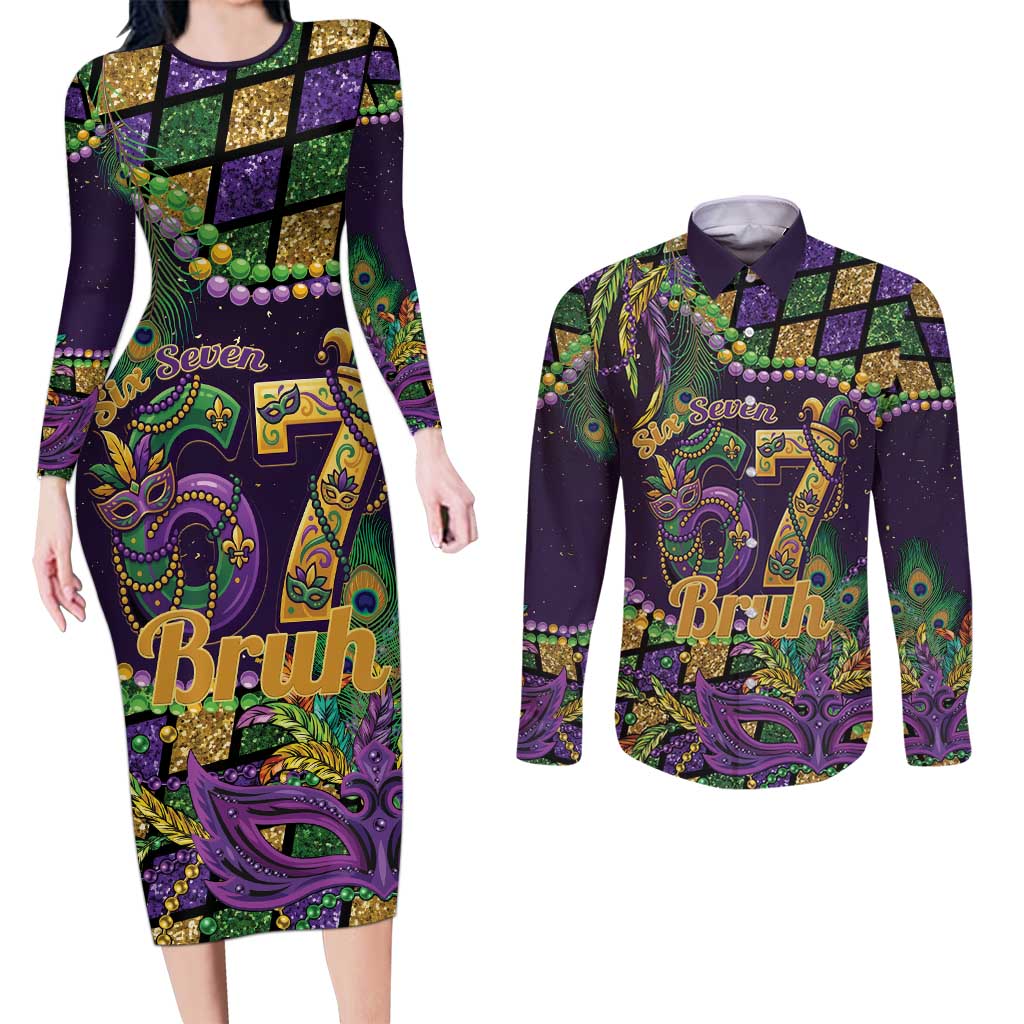 Six Seven Mardi Gras Couples Matching Long Sleeve Bodycon Dress and Long Sleeve Button Shirt 67 Carnival Mask Beads - Wonder Print Shop