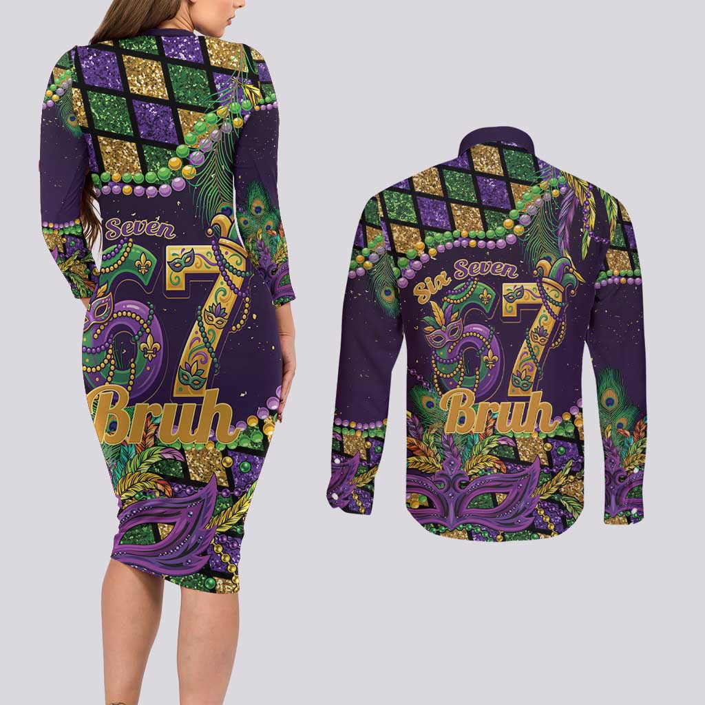 Six Seven Mardi Gras Couples Matching Long Sleeve Bodycon Dress and Long Sleeve Button Shirt 67 Carnival Mask Beads - Wonder Print Shop