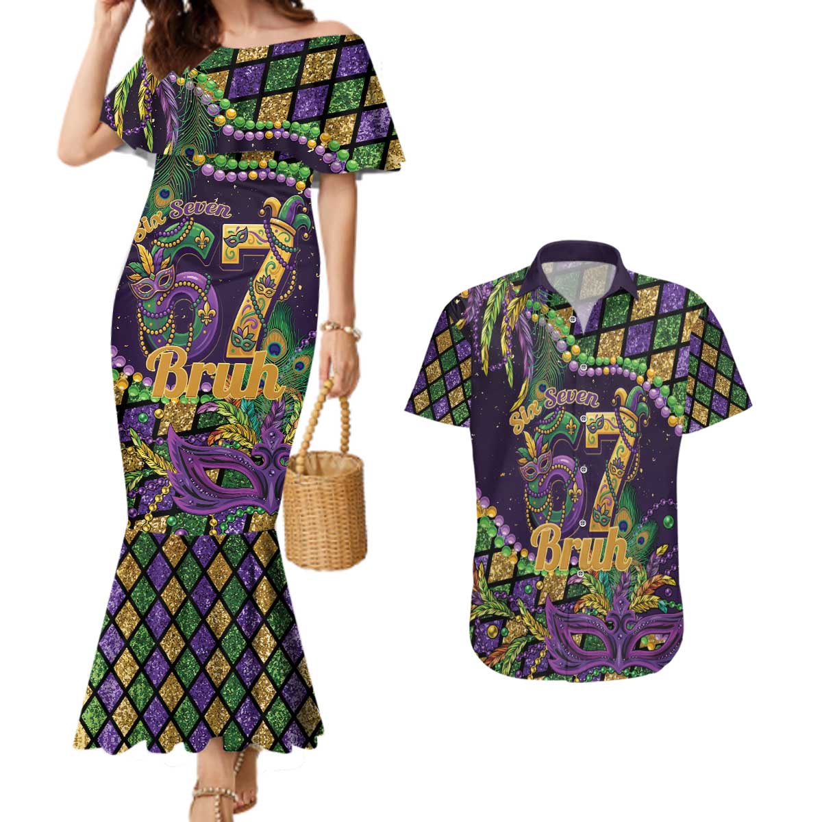 Six Seven Mardi Gras Couples Matching Mermaid Dress and Hawaiian Shirt 67 Carnival Mask Beads - Wonder Print Shop