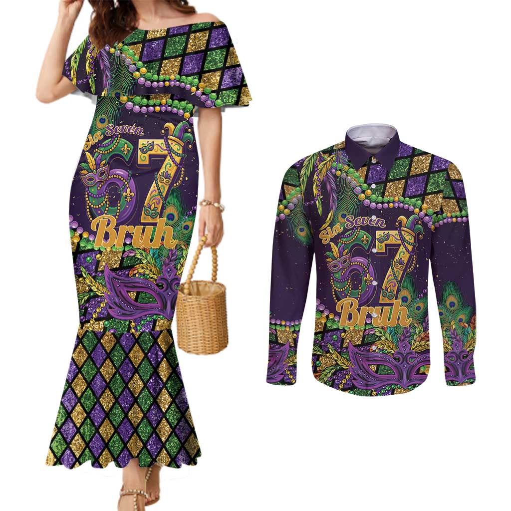 Six Seven Mardi Gras Couples Matching Mermaid Dress and Long Sleeve Button Shirt 67 Carnival Mask Beads - Wonder Print Shop
