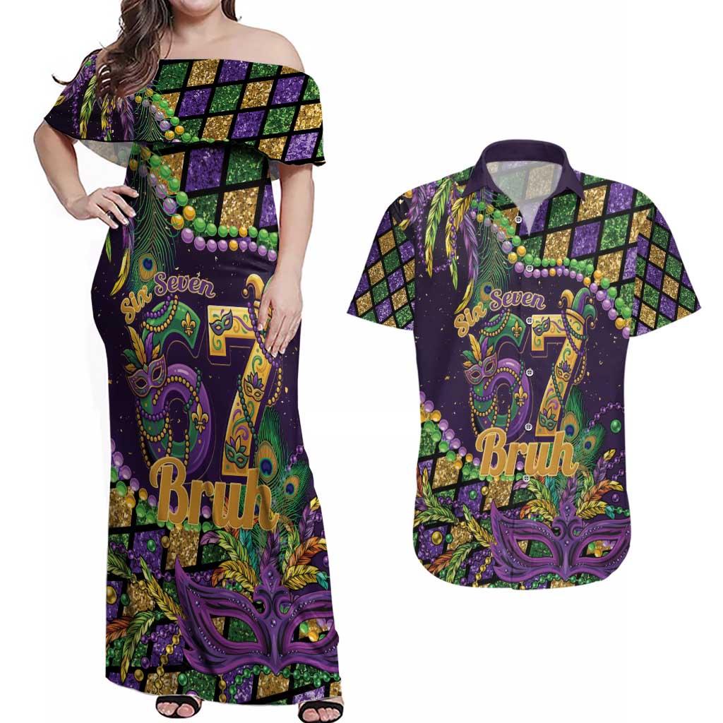 Six Seven Mardi Gras Couples Matching Off Shoulder Maxi Dress and Hawaiian Shirt 67 Carnival Mask Beads - Wonder Print Shop