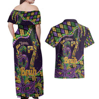 Six Seven Mardi Gras Couples Matching Off Shoulder Maxi Dress and Hawaiian Shirt 67 Carnival Mask Beads - Wonder Print Shop