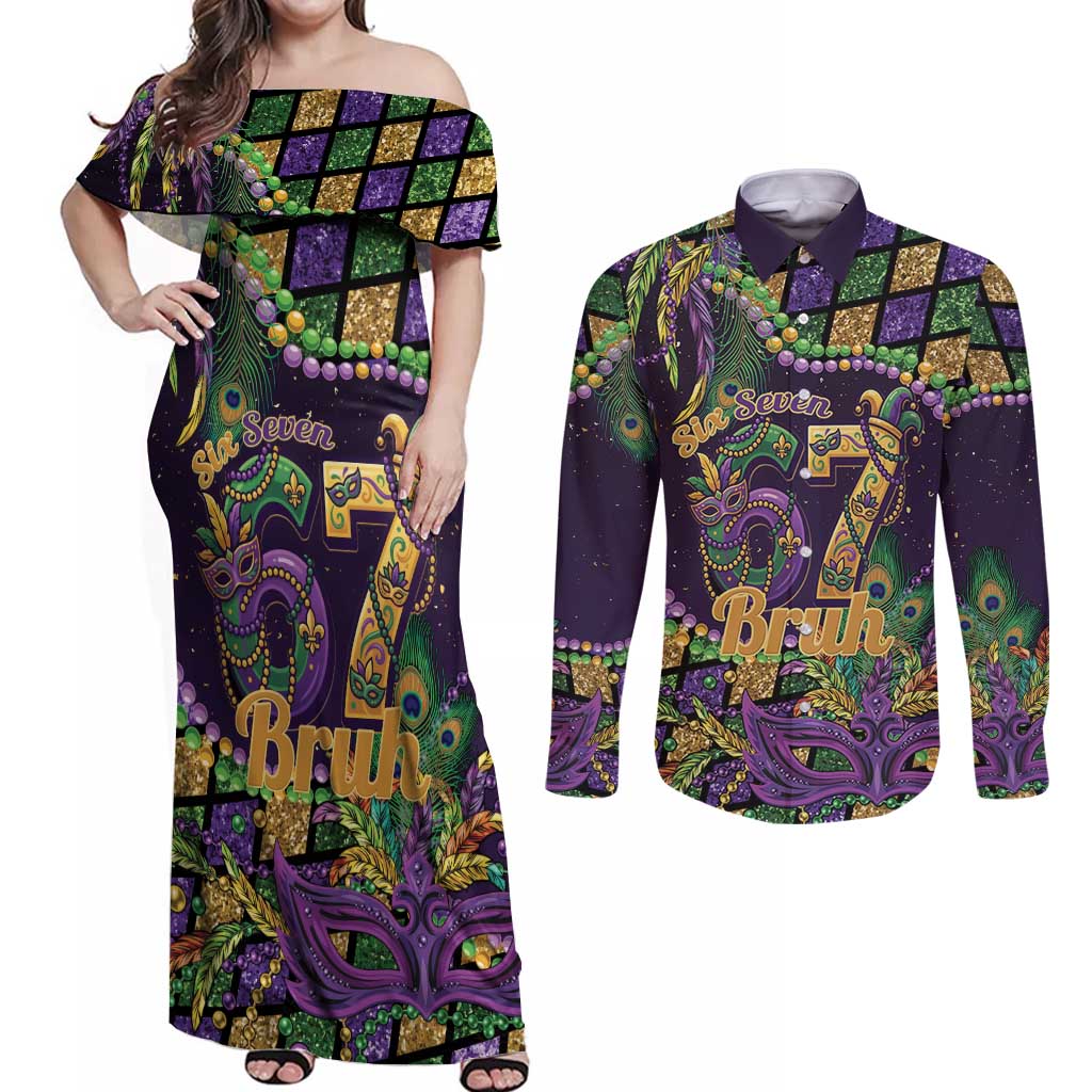 Six Seven Mardi Gras Couples Matching Off Shoulder Maxi Dress and Long Sleeve Button Shirt 67 Carnival Mask Beads - Wonder Print Shop