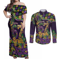 Six Seven Mardi Gras Couples Matching Off Shoulder Maxi Dress and Long Sleeve Button Shirt 67 Carnival Mask Beads - Wonder Print Shop
