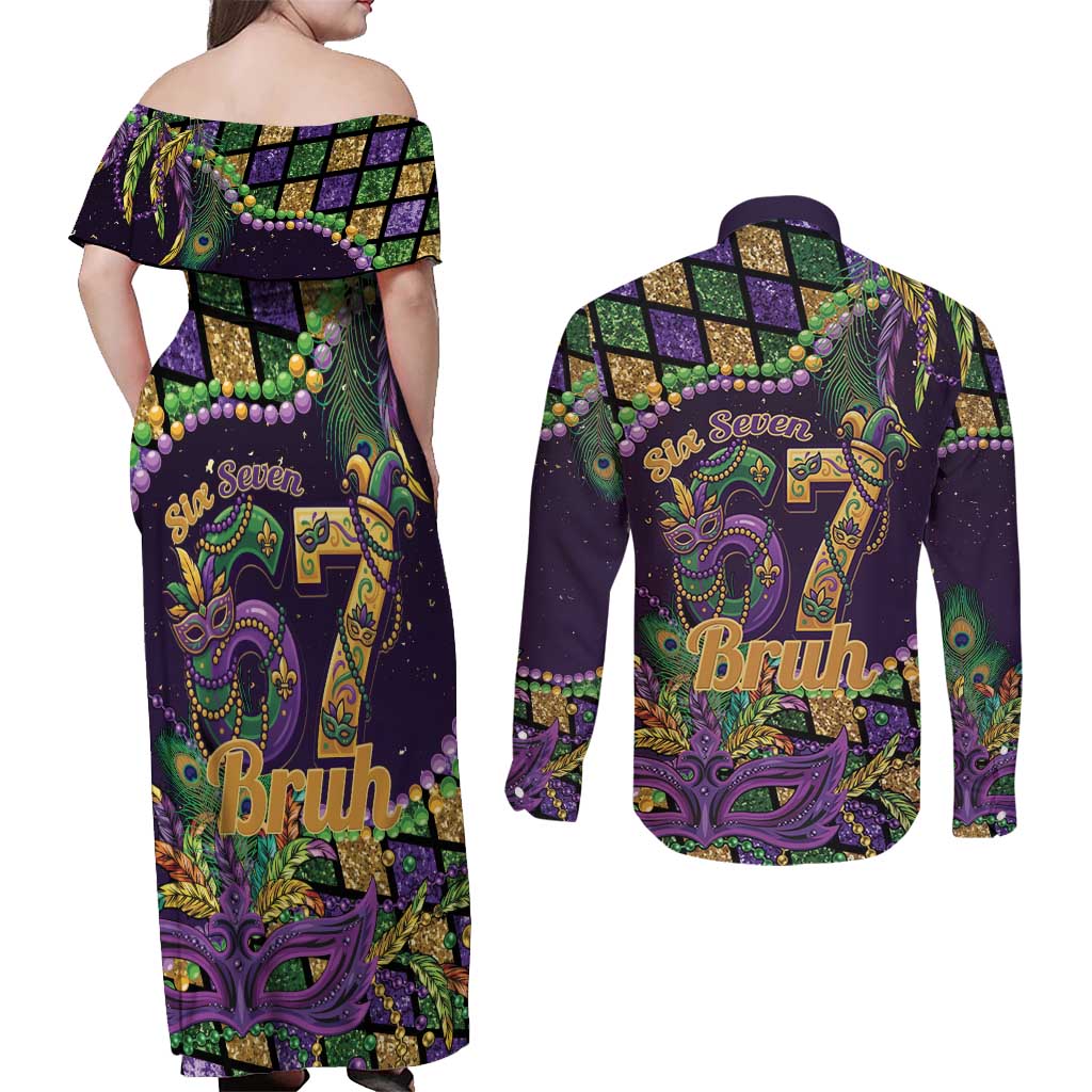 Six Seven Mardi Gras Couples Matching Off Shoulder Maxi Dress and Long Sleeve Button Shirt 67 Carnival Mask Beads - Wonder Print Shop