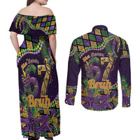 Six Seven Mardi Gras Couples Matching Off Shoulder Maxi Dress and Long Sleeve Button Shirt 67 Carnival Mask Beads - Wonder Print Shop