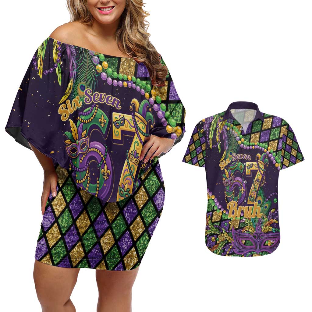 Six Seven Mardi Gras Couples Matching Off Shoulder Short Dress and Hawaiian Shirt 67 Carnival Mask Beads - Wonder Print Shop