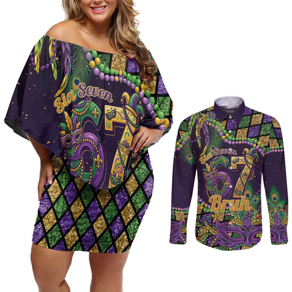 Six Seven Mardi Gras Couples Matching Off Shoulder Short Dress and Long Sleeve Button Shirt 67 Carnival Mask Beads - Wonder Print Shop