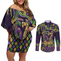 Six Seven Mardi Gras Couples Matching Off Shoulder Short Dress and Long Sleeve Button Shirt 67 Carnival Mask Beads - Wonder Print Shop