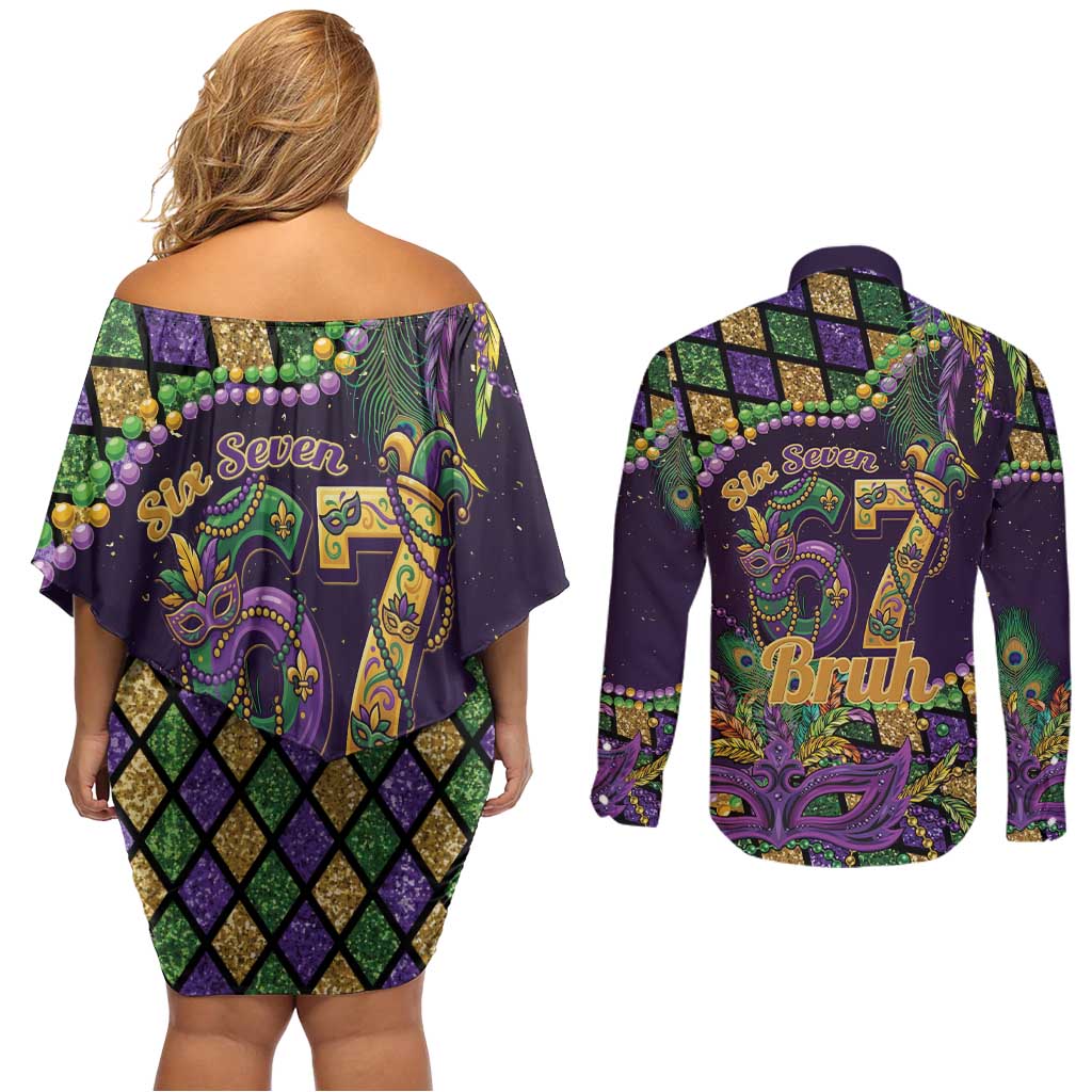 Six Seven Mardi Gras Couples Matching Off Shoulder Short Dress and Long Sleeve Button Shirt 67 Carnival Mask Beads - Wonder Print Shop