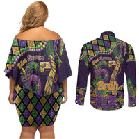 Six Seven Mardi Gras Couples Matching Off Shoulder Short Dress and Long Sleeve Button Shirt 67 Carnival Mask Beads - Wonder Print Shop