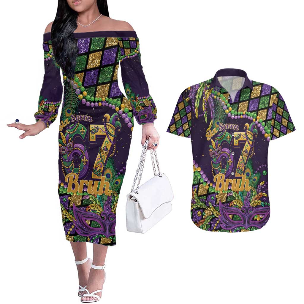 Six Seven Mardi Gras Couples Matching Off The Shoulder Long Sleeve Dress and Hawaiian Shirt 67 Carnival Mask Beads - Wonder Print Shop