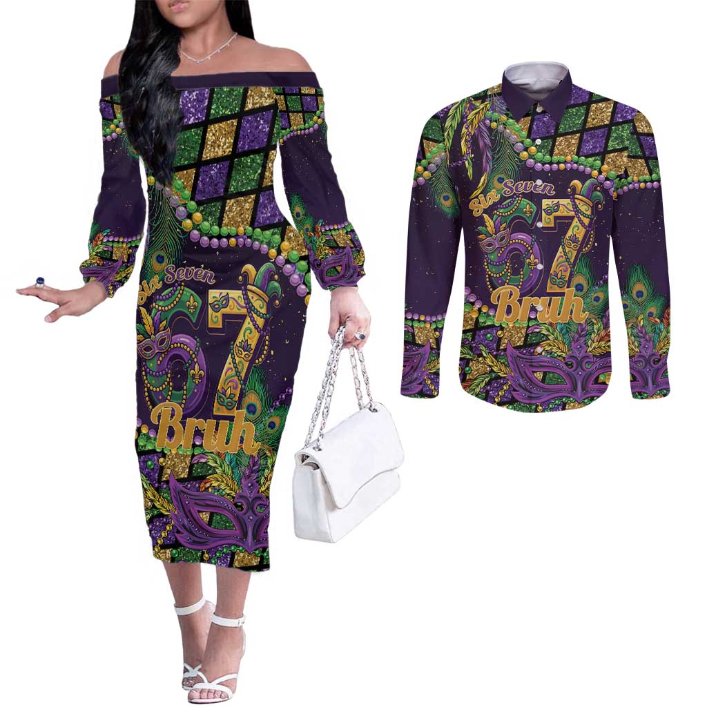Six Seven Mardi Gras Couples Matching Off The Shoulder Long Sleeve Dress and Long Sleeve Button Shirt 67 Carnival Mask Beads - Wonder Print Shop