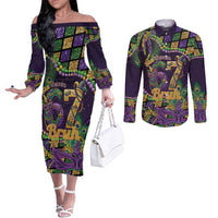 Six Seven Mardi Gras Couples Matching Off The Shoulder Long Sleeve Dress and Long Sleeve Button Shirt 67 Carnival Mask Beads - Wonder Print Shop