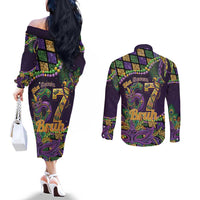 Six Seven Mardi Gras Couples Matching Off The Shoulder Long Sleeve Dress and Long Sleeve Button Shirt 67 Carnival Mask Beads - Wonder Print Shop
