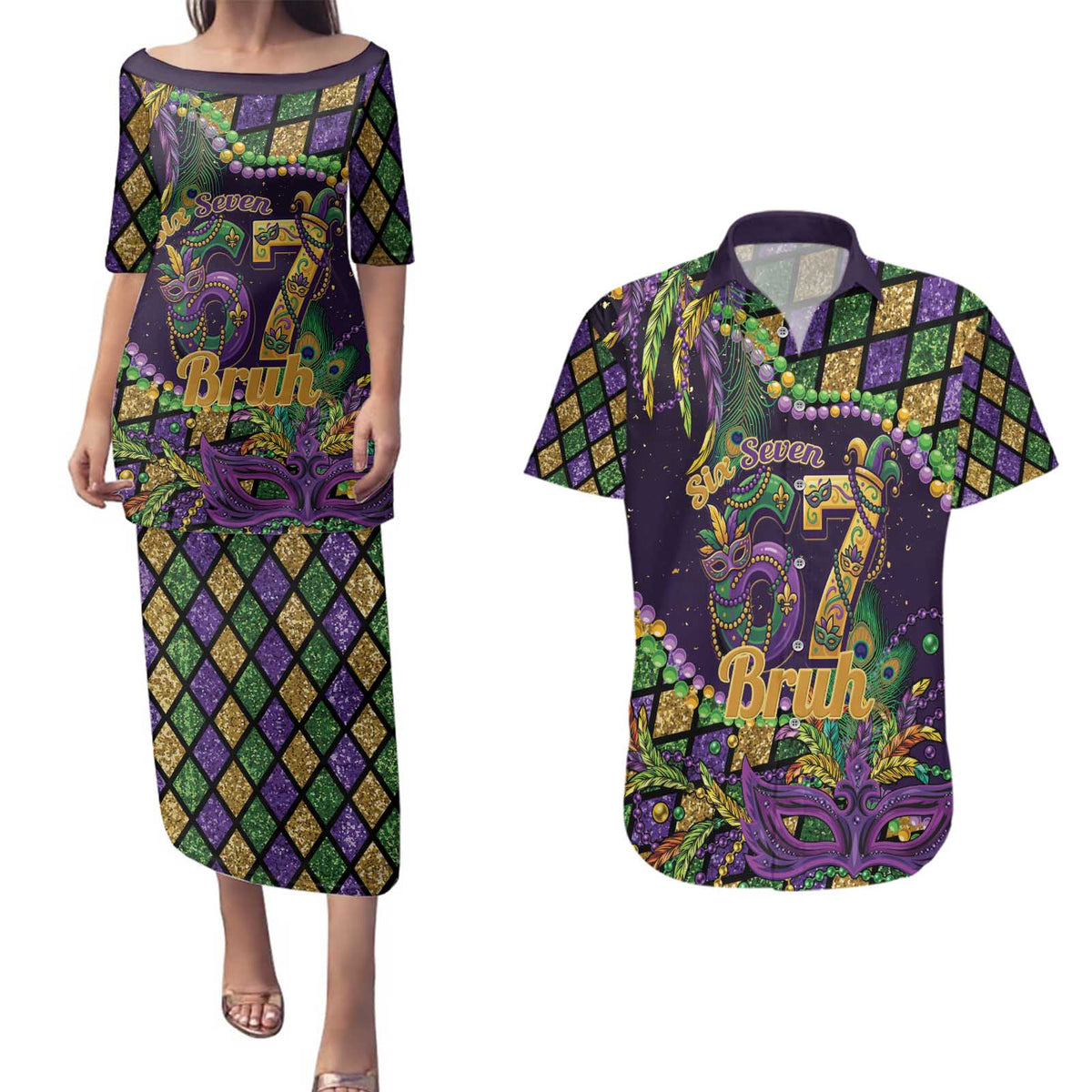 Six Seven Mardi Gras Couples Matching Puletasi and Hawaiian Shirt 67 Carnival Mask Beads - Wonder Print Shop