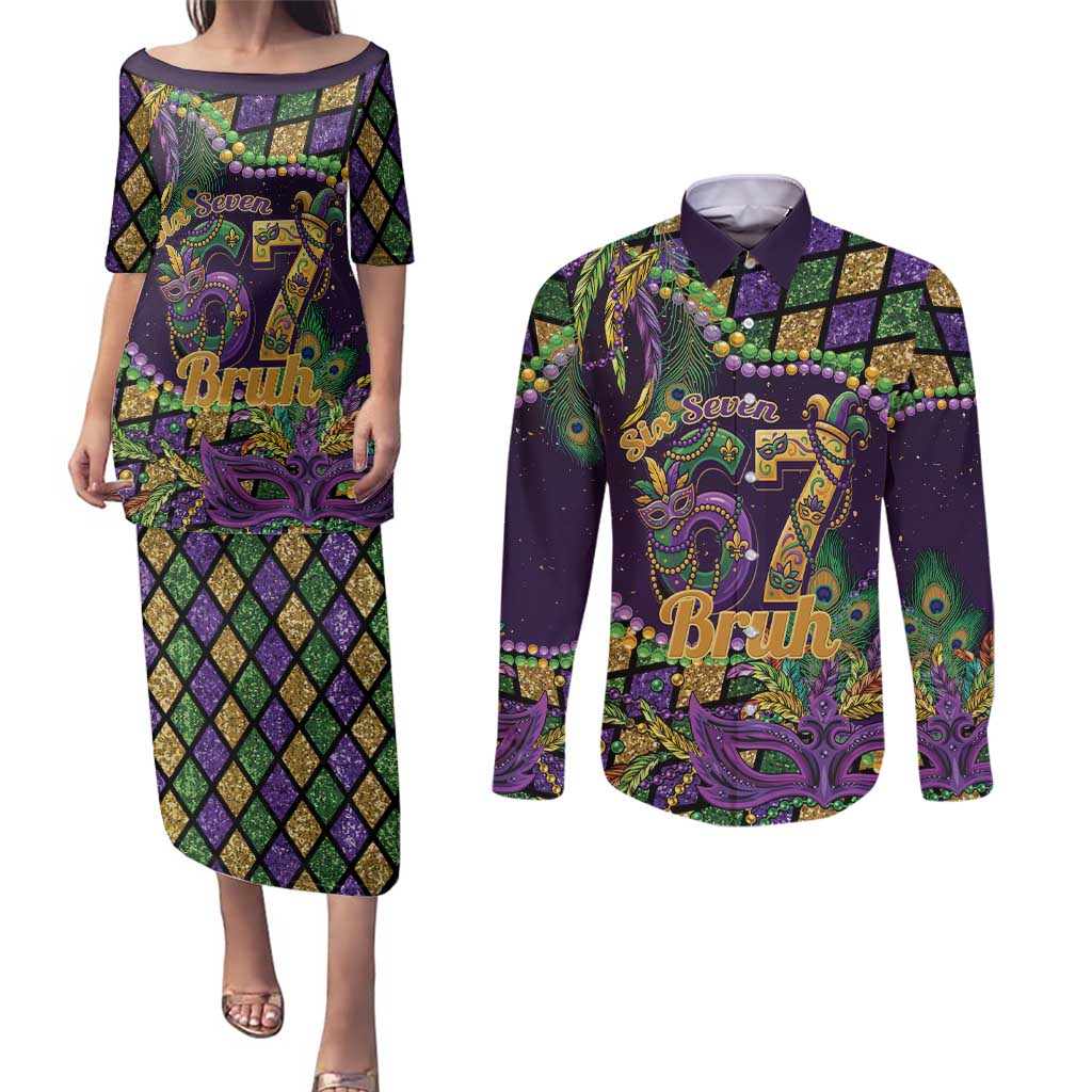 Six Seven Mardi Gras Couples Matching Puletasi and Long Sleeve Button Shirt 67 Carnival Mask Beads - Wonder Print Shop