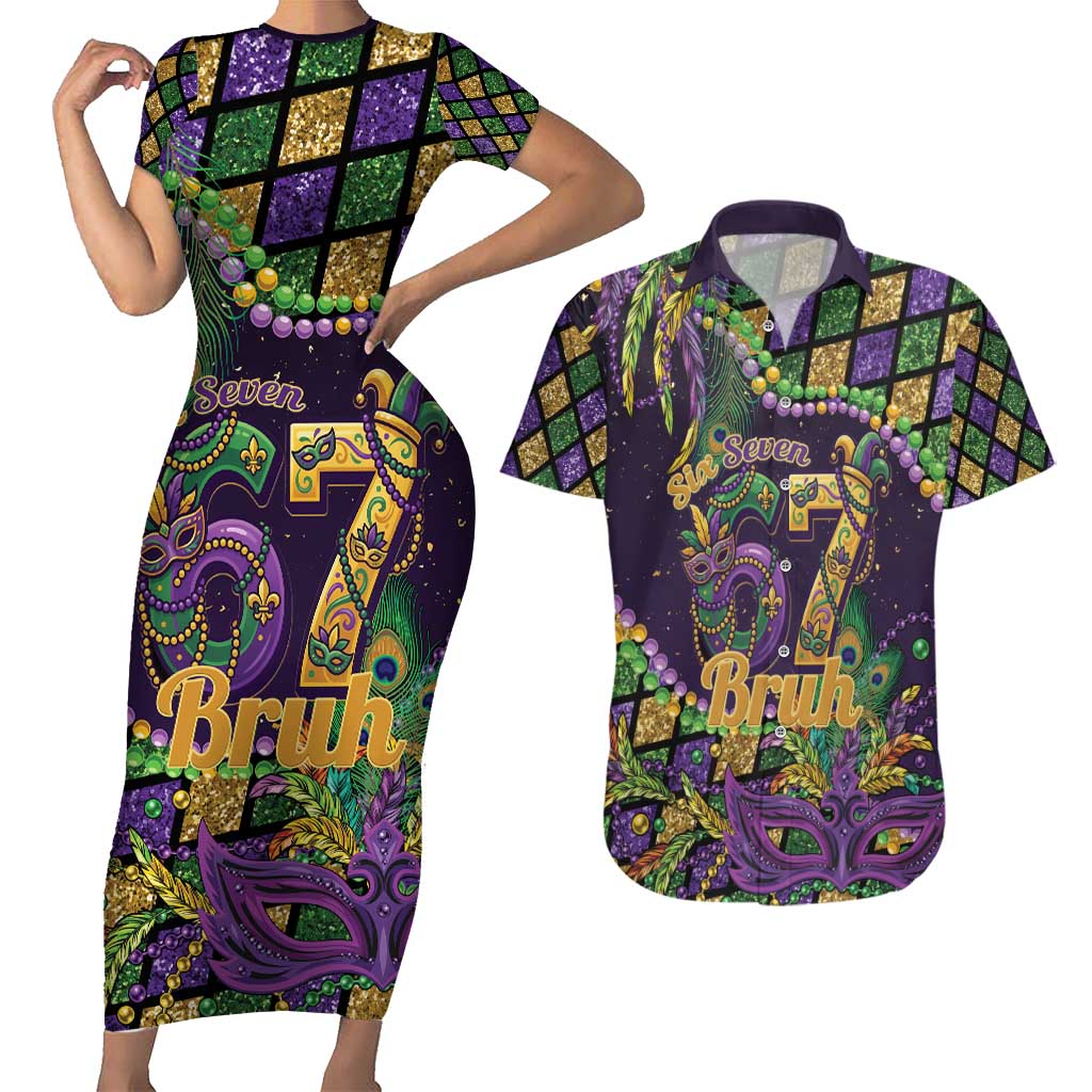 Six Seven Mardi Gras Couples Matching Short Sleeve Bodycon Dress and Hawaiian Shirt 67 Carnival Mask Beads - Wonder Print Shop