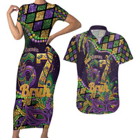 Six Seven Mardi Gras Couples Matching Short Sleeve Bodycon Dress and Hawaiian Shirt 67 Carnival Mask Beads - Wonder Print Shop