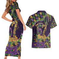 Six Seven Mardi Gras Couples Matching Short Sleeve Bodycon Dress and Hawaiian Shirt 67 Carnival Mask Beads - Wonder Print Shop