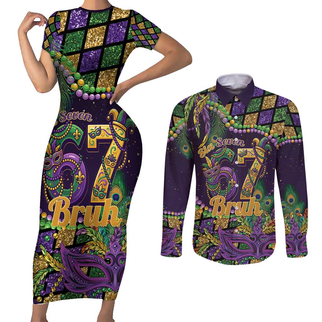 Six Seven Mardi Gras Couples Matching Short Sleeve Bodycon Dress and Long Sleeve Button Shirt 67 Carnival Mask Beads - Wonder Print Shop