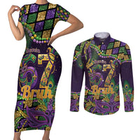 Six Seven Mardi Gras Couples Matching Short Sleeve Bodycon Dress and Long Sleeve Button Shirt 67 Carnival Mask Beads - Wonder Print Shop