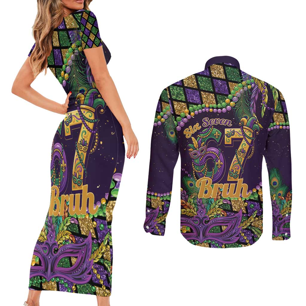 Six Seven Mardi Gras Couples Matching Short Sleeve Bodycon Dress and Long Sleeve Button Shirt 67 Carnival Mask Beads - Wonder Print Shop