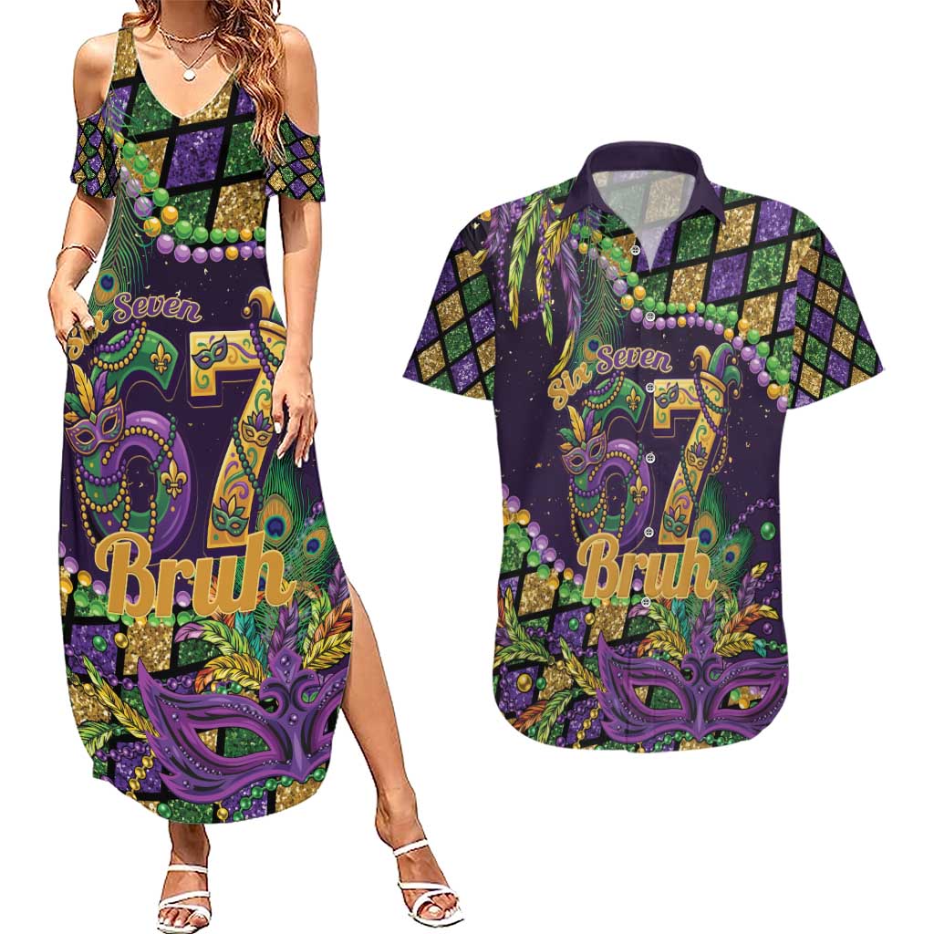 Six Seven Mardi Gras Couples Matching Summer Maxi Dress and Hawaiian Shirt 67 Carnival Mask Beads - Wonder Print Shop