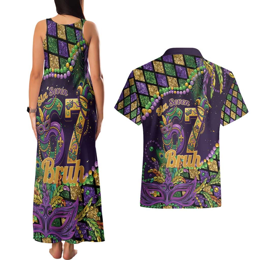 Six Seven Mardi Gras Couples Matching Tank Maxi Dress and Hawaiian Shirt 67 Carnival Mask Beads - Wonder Print Shop